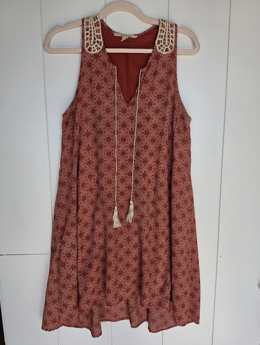 Miami Rust Colored Print Crochet Tank Dress with HiLo detail and Tassels
